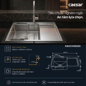 Chậu Rửa Chén Inox Caesar KSH21H082SX 1 Hộc 820x480mm Lắp Nổi
