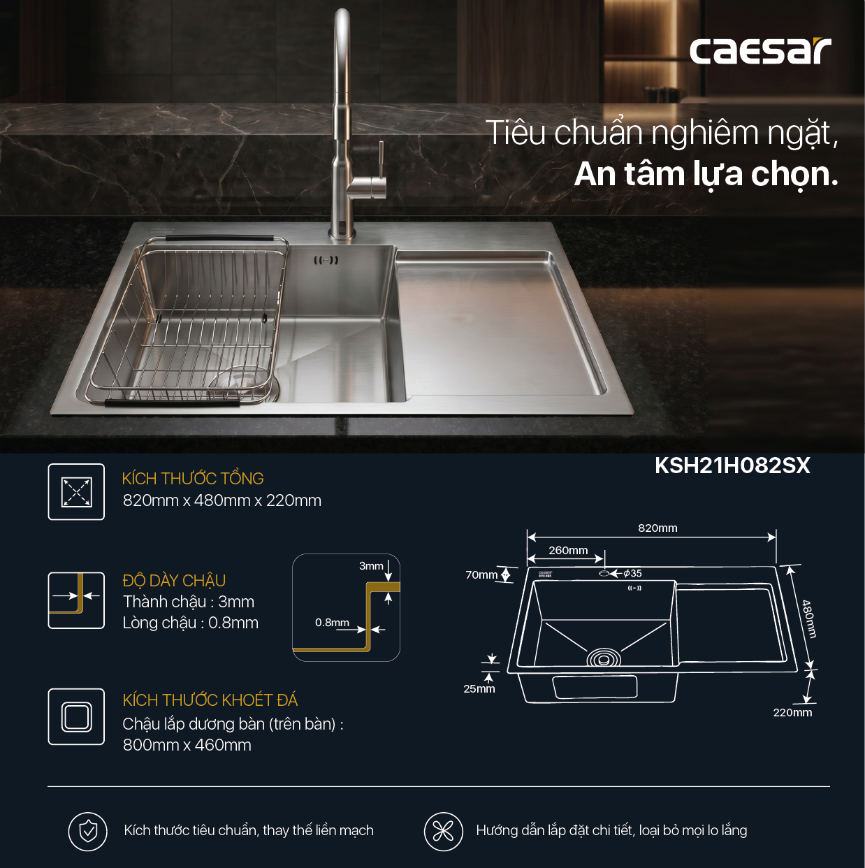 Chậu Rửa Chén Inox Caesar KSH21H082SX 1 Hộc 820x480mm Lắp Nổi