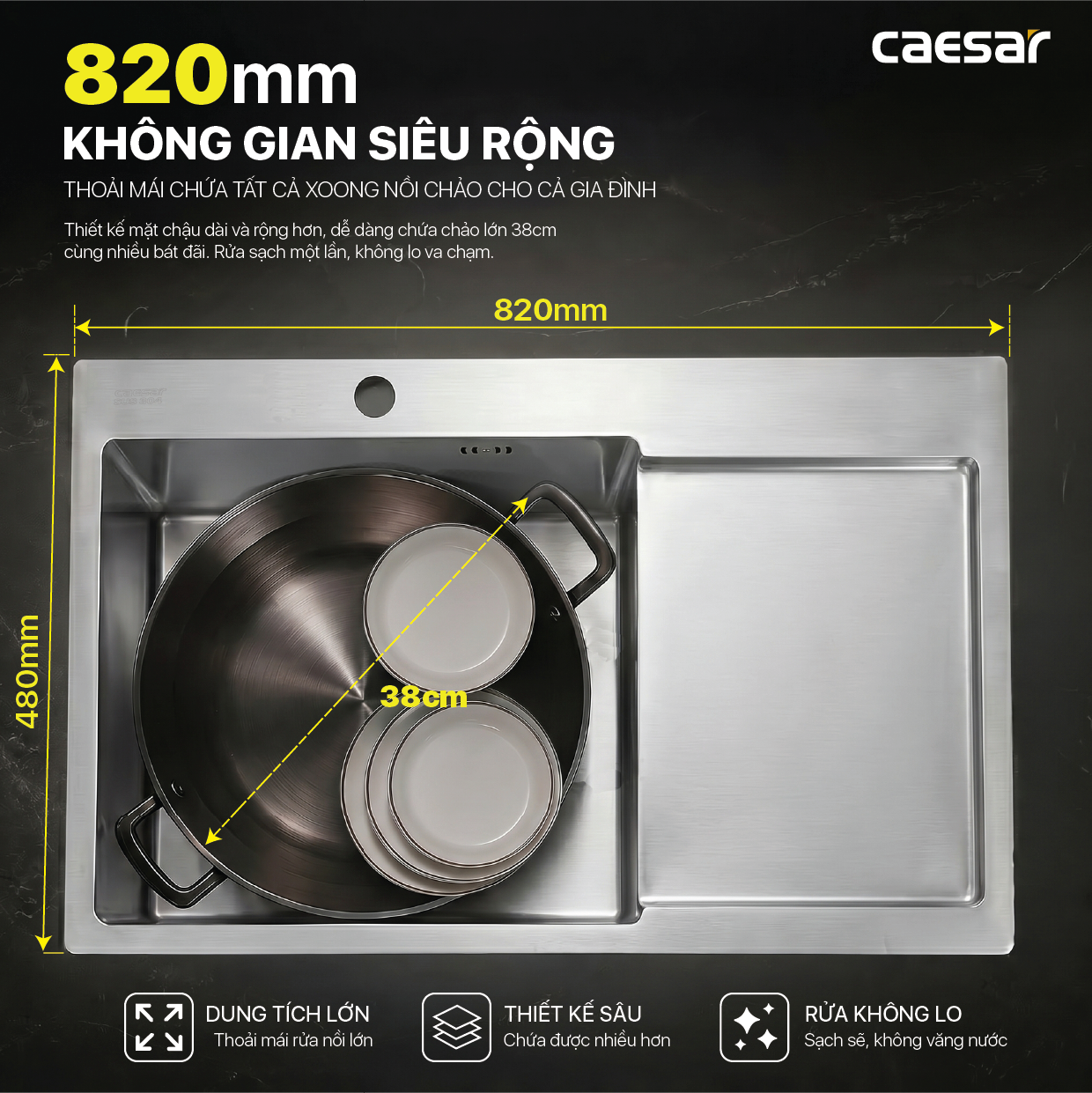 Chậu Rửa Chén Inox Caesar KSH21H082SX 1 Hộc 820x480mm Lắp Nổi