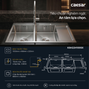 Chậu Rửa Chén Inox Caesar KSH22H100SX 2 Hộc 1000x480mm Lắp Nổi
