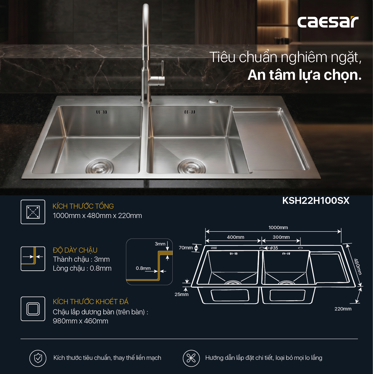 Chậu Rửa Chén Inox Caesar KSH22H100SX 2 Hộc 1000x480mm Lắp Nổi