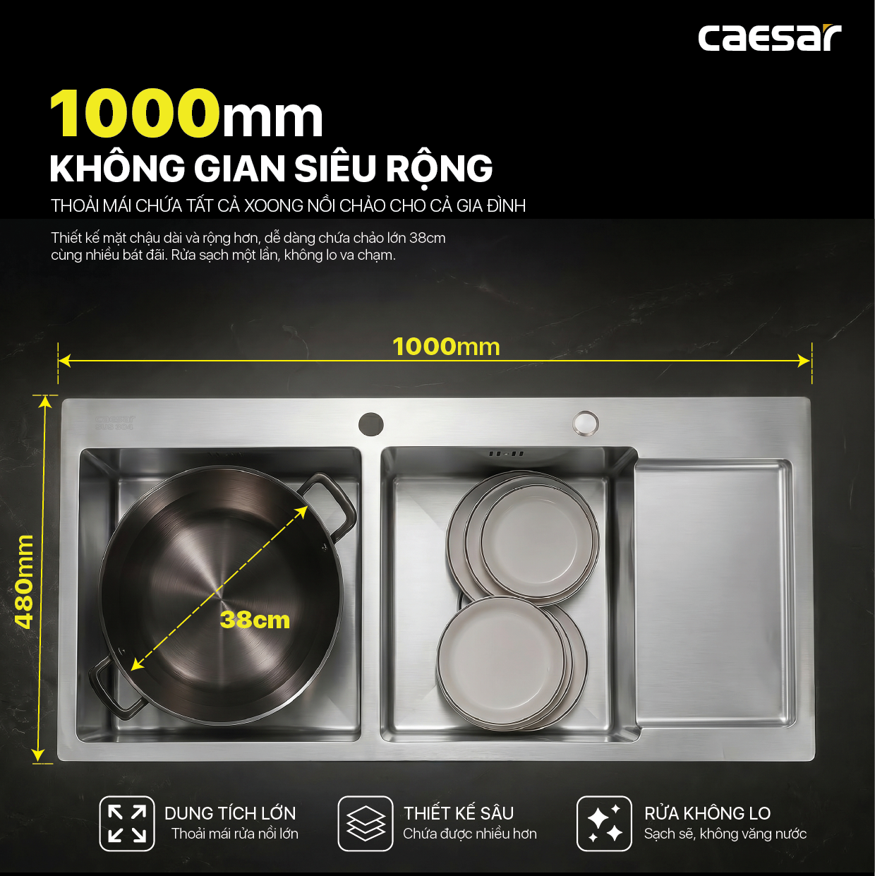 Chậu Rửa Chén Inox Caesar KSH22H100SX 2 Hộc 1000x480mm Lắp Nổi