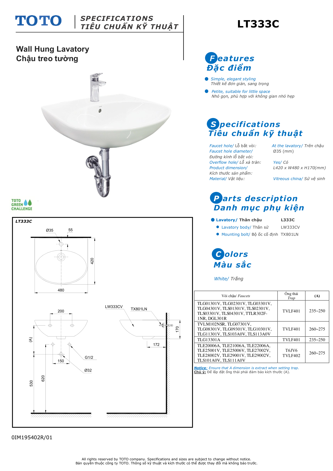 Bản vẽ kỹ thuật Chậu rửa mặt treo tường TOTO LT333C#XW