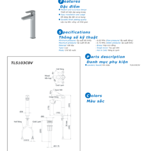 Bản vẽ kỹ thuật Vòi lavabo TOTO TLS103C0V nóng lạnh NEW STANDARD dáng trung