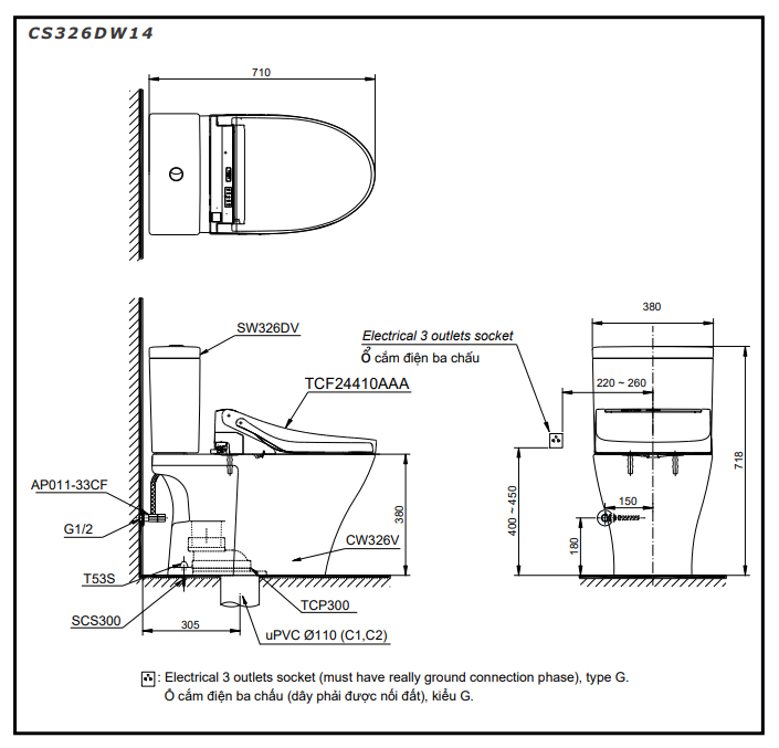 Bồn cầu 2 khối TOTO CS326DW14 nắp rửa điện tử WASHLET C5 TCF24410AAA