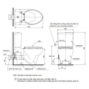 Bồn cầu 2 khối TOTO CS945PDE4 nắp rửa cơ ECOWASHER TCW1211A thoát ngang