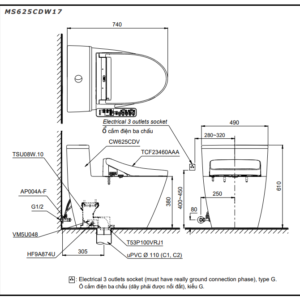 Bồn cầu 1 khối TOTO MS625CDW17 nắp rửa điện tử WASHLET C2 TCF23460AAA giấu dây