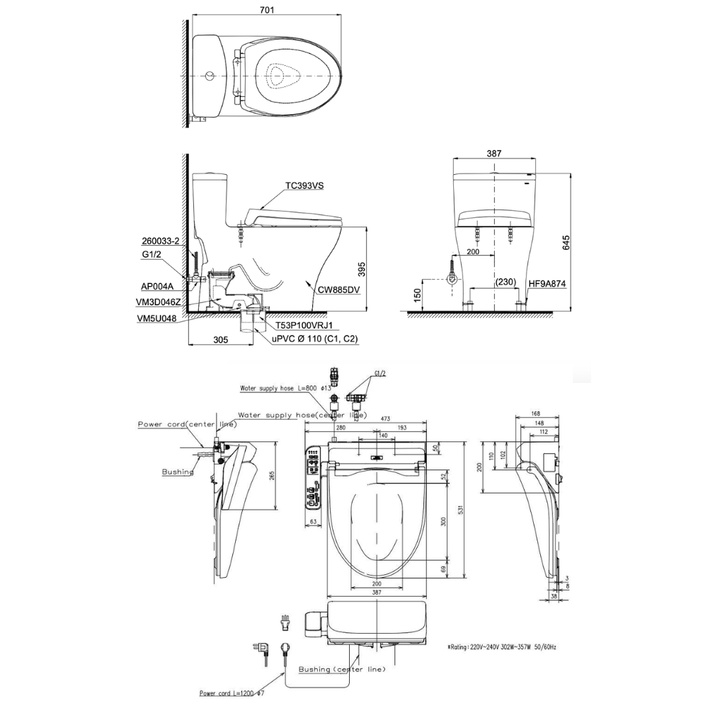 Bồn cầu 1 khối TOTO MS885DW18 nắp rửa điện tử WASHLET C2 cơ bản TCF23710AAA